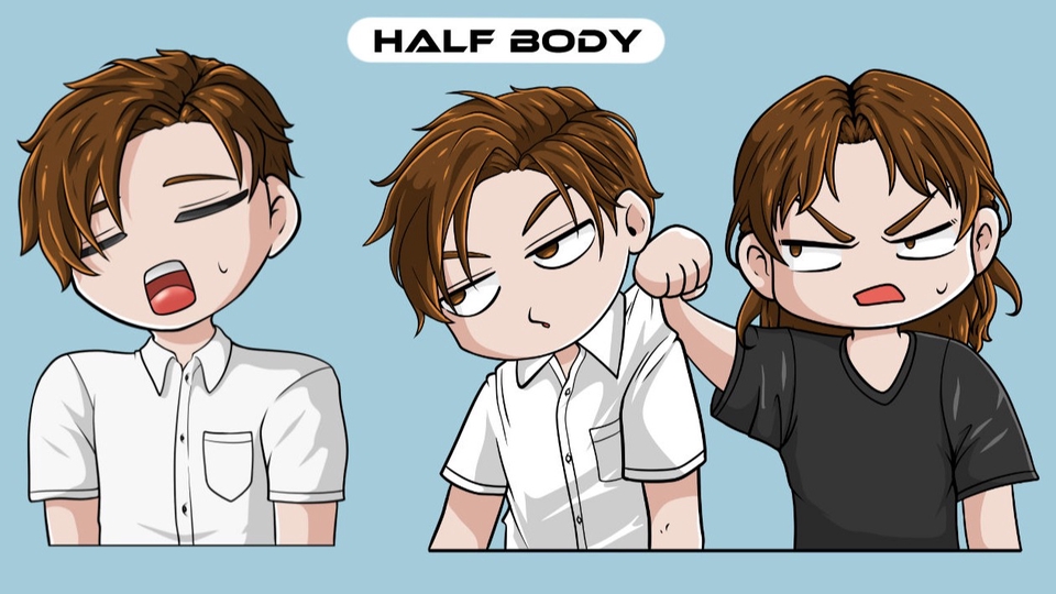 Ilustrasi kartun lucu pria dan wanita dengan gaya setengah badan, cocok untuk keperluan desain ilustrasi, gambar kartun, atau sketsa kartun.