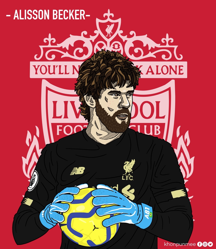 รับวาดภาพเหมือน ภาพวาดภาพเหมือนของนักฟุตบอล ลิเวอร์พูล อลิสซอน เบ็คเกอร์ ในชุดแข่งขัน วาดภาพคน portrait
