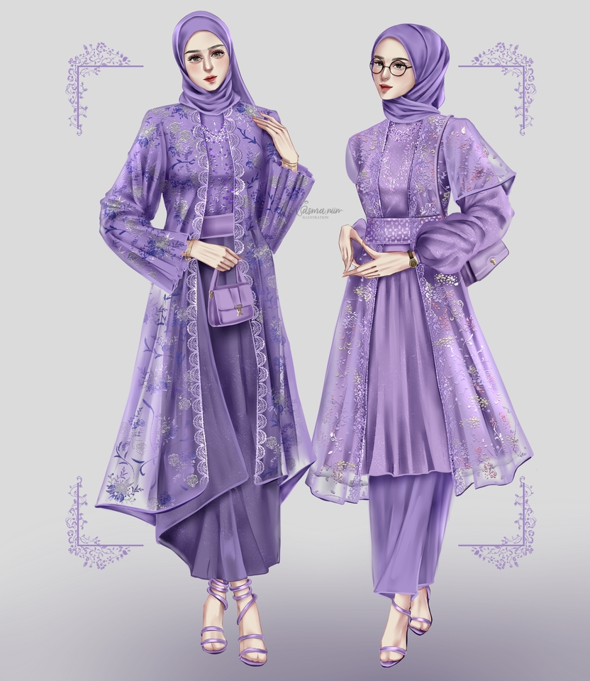 Desain baju muslim wanita modern dengan hijab, rok, dan motif floral, cocok untuk acara pesta atau kondangan.