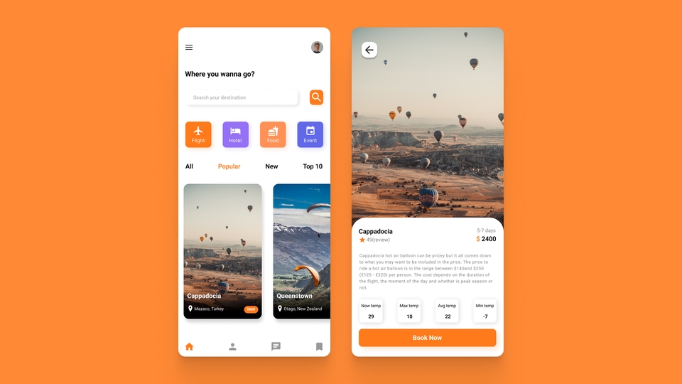 Desain UI UX aplikasi mobile untuk perjalanan wisata di Cappadocia, Turki.