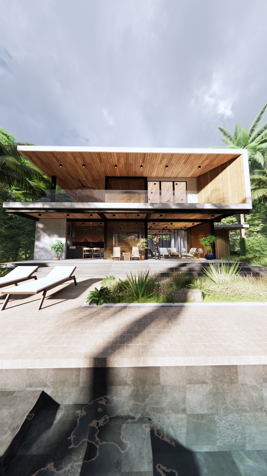 Jasa desain eksterior 3D untuk rumah minimalis dengan kolam renang, desain arsitektur modern, desain rumah mewah.