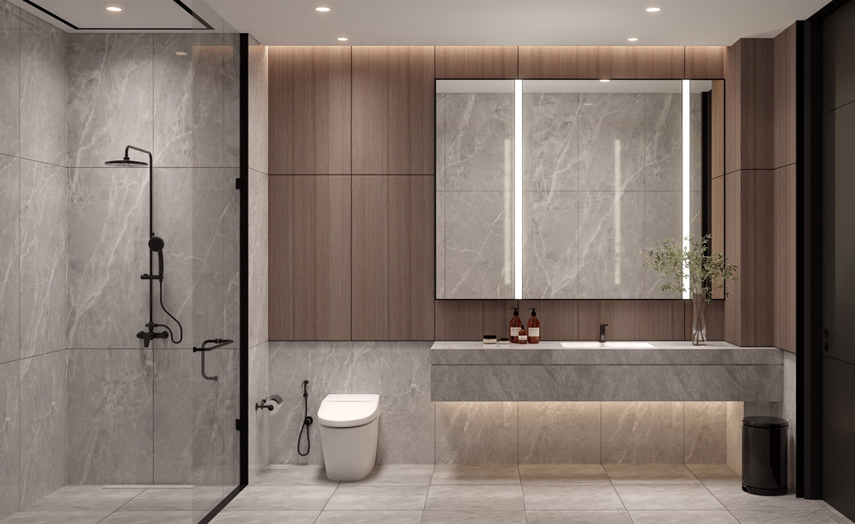 Jasa desain interior kamar mandi minimalis modern dengan shower dan wastafel.