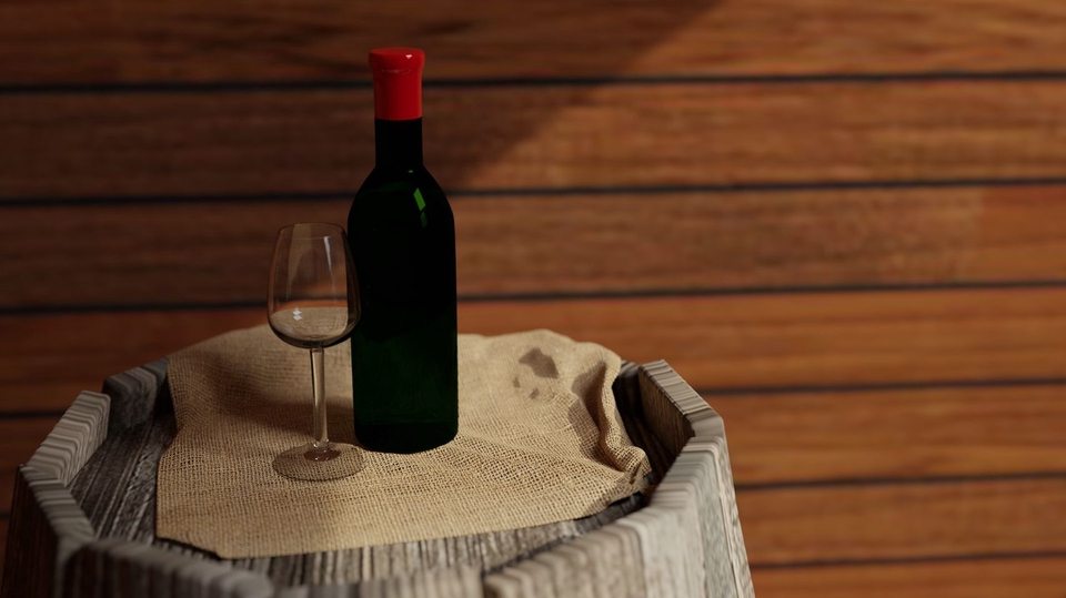 รับปั้นโมเดล 3d แก้วไวน์และขวดไวน์บนถังไม้ 3d model 3d packshot