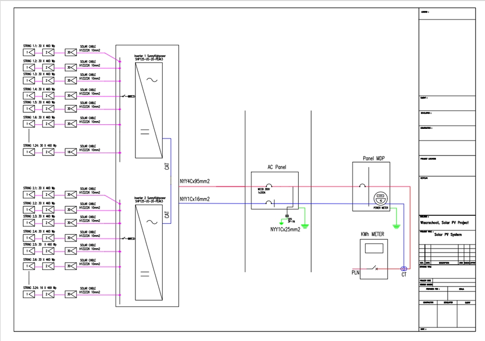 Jasa drafter autocad freelance untuk desain sistem tenaga surya dengan panel surya dan inverter.