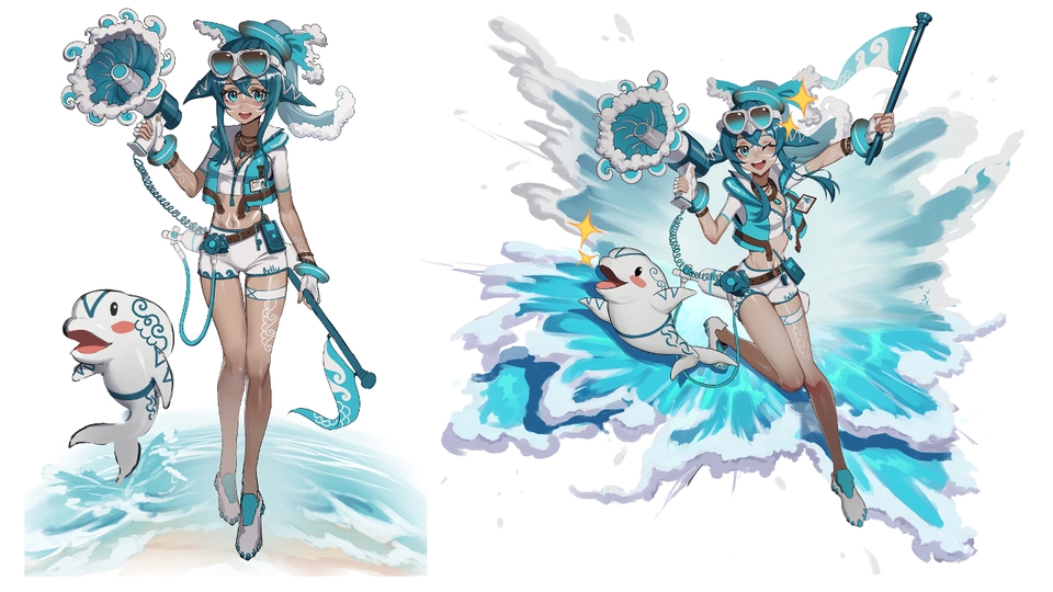 ออกแบบตัวละครสาวสวย สไตล์ญี่ปุ่น น่ารัก ในชุดว่ายน้ำ กับโลมา