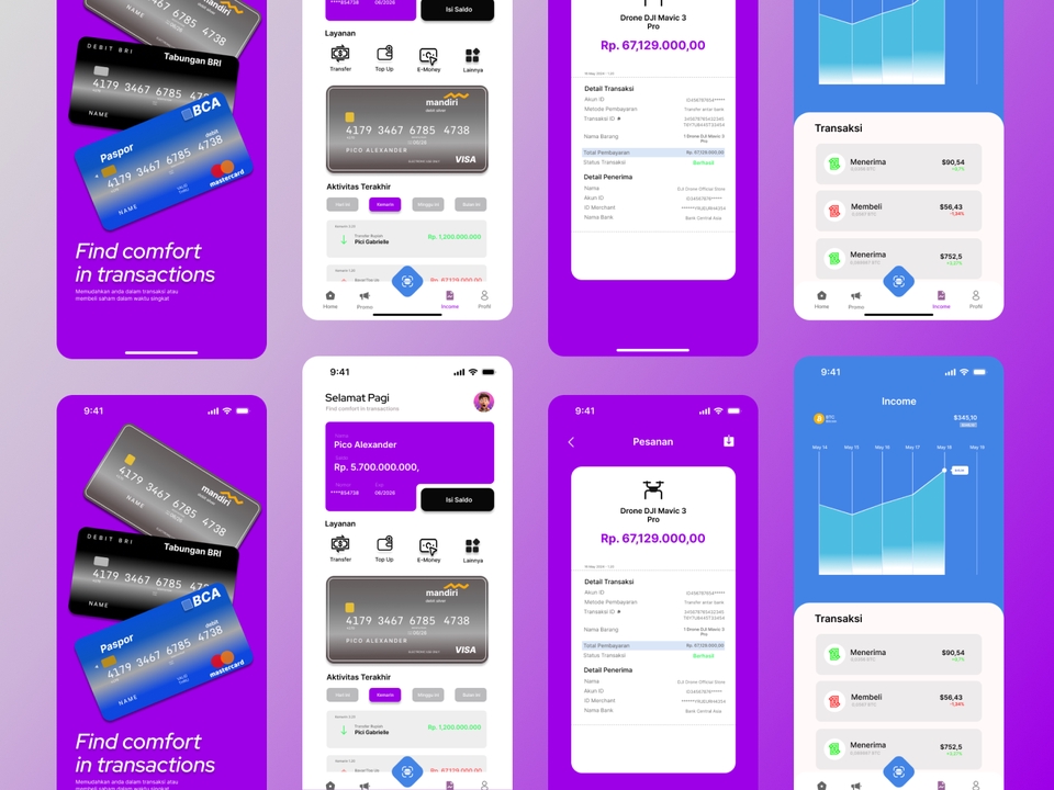 Desain UI UX Mobile App dengan mock-up smartphone menampilkan halaman transaksi dengan desain modern dan simpel.
