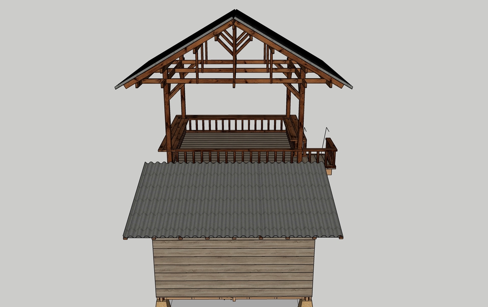 Desain 3D Rumah Minimalis dengan Atap Kayu dan Balkon.