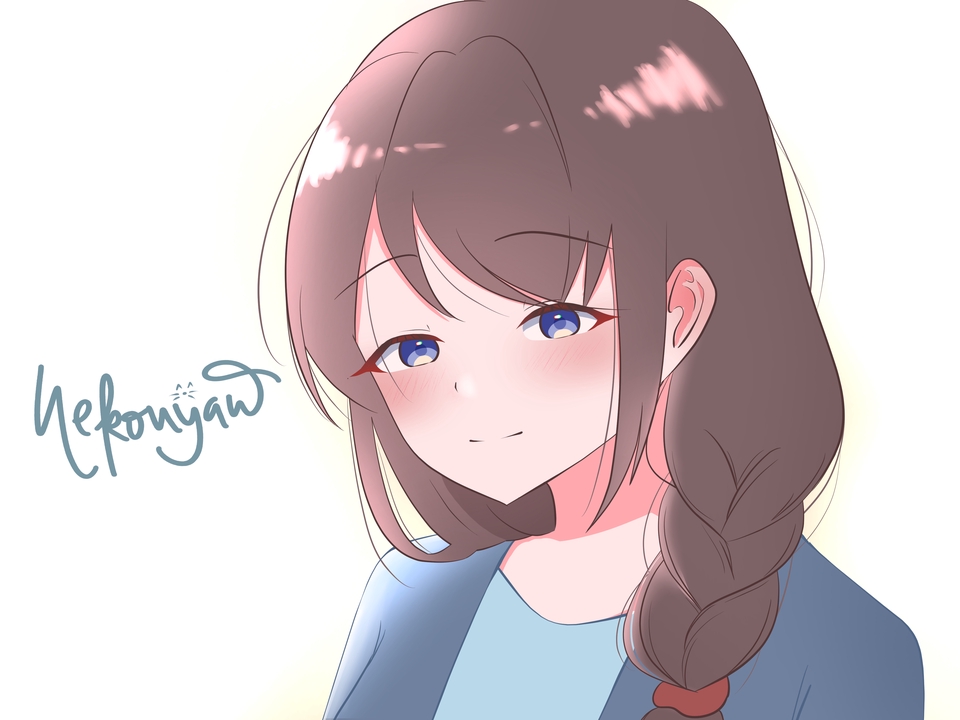 Ilustrasi gadis berambut coklat dengan pakaian biru muda memegang rambutnya