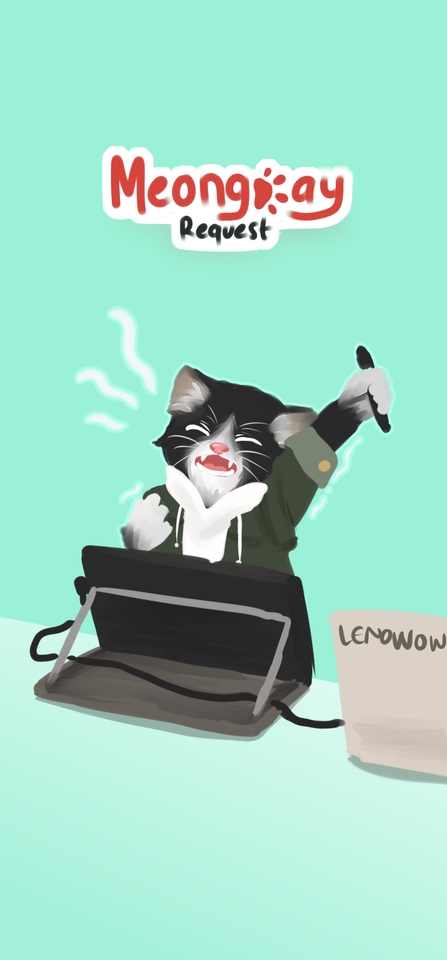 Ilustrasi kucing hitam putih lucu sedang menggambar di laptop dengan desain simpel dan warna pastel.