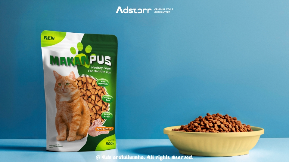Desain kemasan makanan kucing dengan label makanpus, makanan sehat untuk kucing