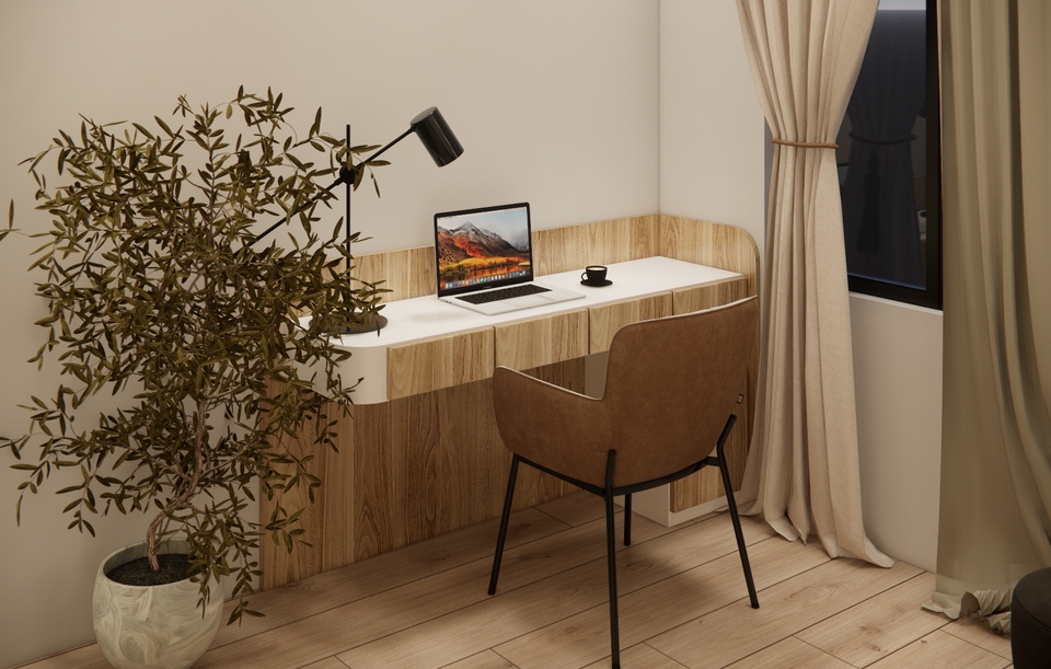 Jasa desain interior ruang kerja minimalis dengan desain meja kerja dan kursi kayu