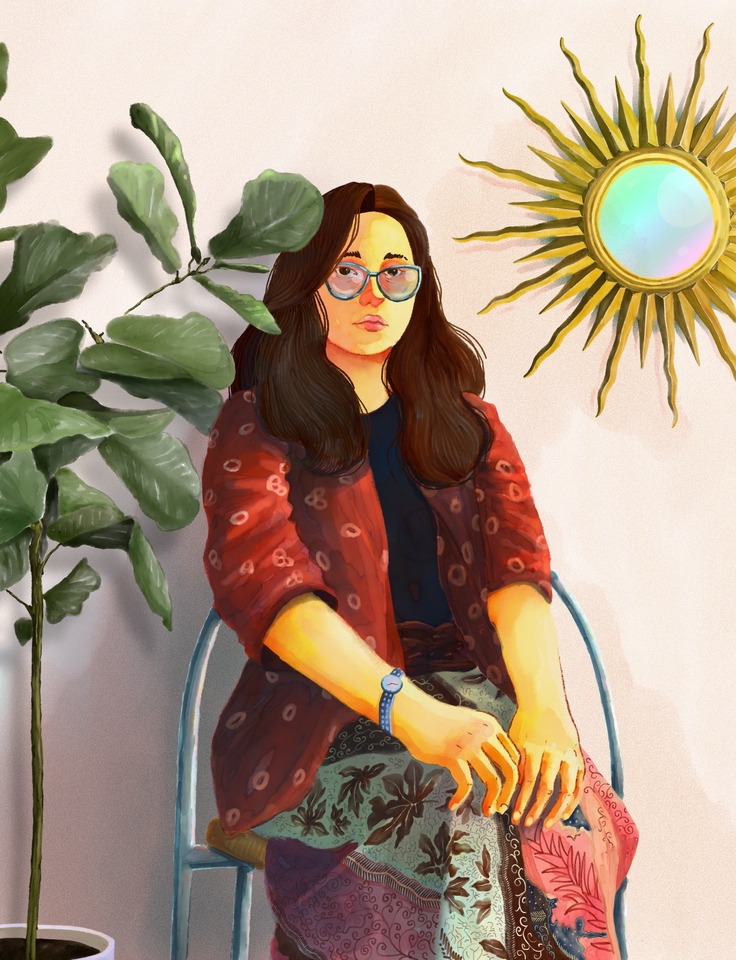 Ilustrasi wanita berambut coklat dengan kacamata sedang duduk di kursi di dalam ruangan. Di sebelah kanan, terdapat gambar matahari bersinar dan di sebelah kiri, terdapat tumbuhan hijau.