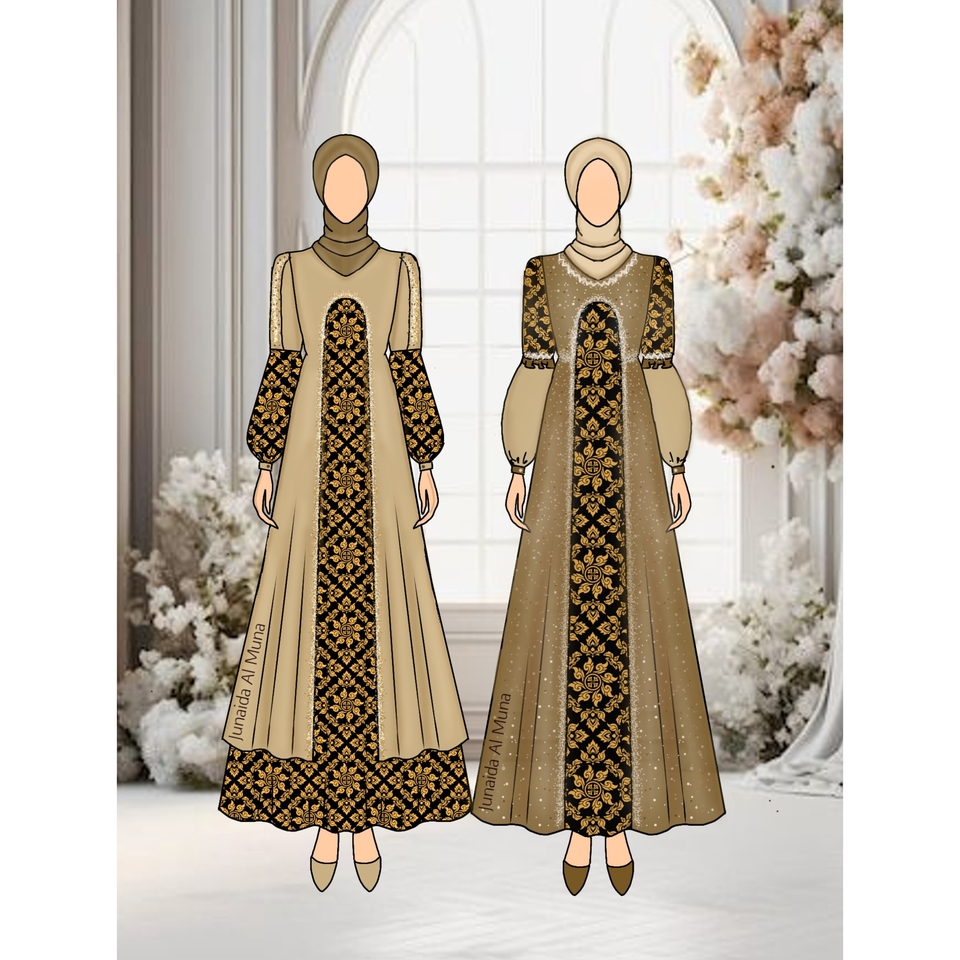 Desain baju muslim modern dengan detail bordir cantik untuk acara formal. Jasa desain baju wanita muslim, desain busana pesta muslimah, desain gamis brokat, desain baju pesta.