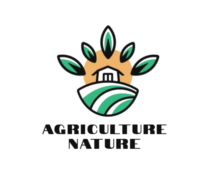 Logo perusahaan bertema pertanian dengan rumah dan tanaman hijau