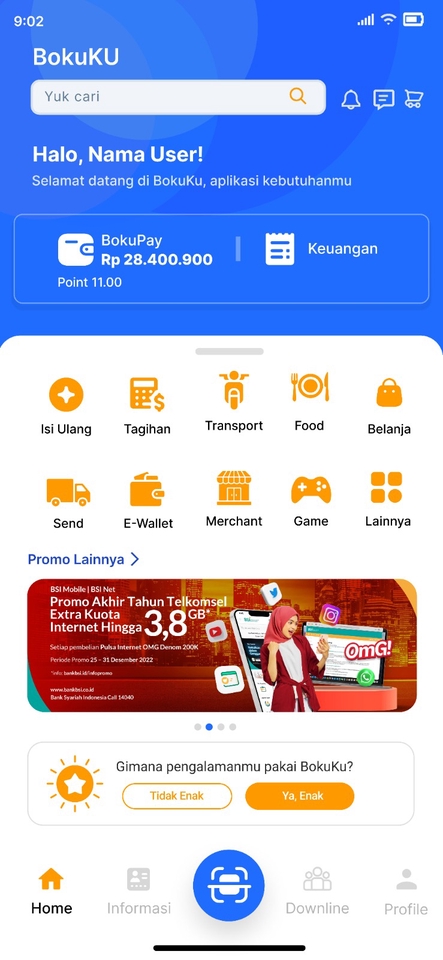 Desain UI UX aplikasi mobile BokuKu dengan fitur isi ulang, tagihan, transport, food, belanja, send, e-wallet, merchant, game, dan lainnya.