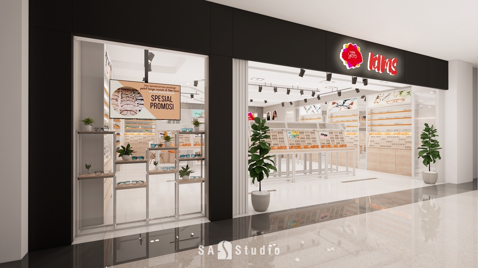 Jasa desain interior toko optik dengan desain minimalis modern dan rak kaca yang elegan