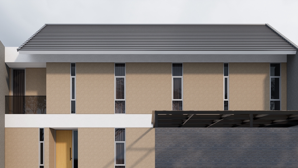 Jasa desain 3d exterior rumah minimalis modern dengan desain atap dan jendela yang unik.