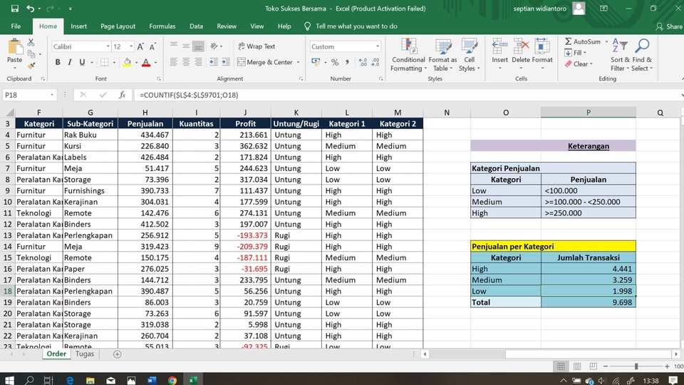 Jasa input data excel, contoh laporan data penjualan produk furniture dan peralatan kantor.