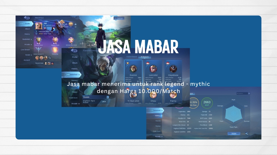 Jasa joki Mobile Legends untuk mencapai rank legend - mythic dengan harga 10.000 / Match. Jasa joki game online, joki ML, joki game mobile legend, harga joki mobile legend, joki akun mobile legend, harga joki epic ke mythic, joki rank mobile legend.