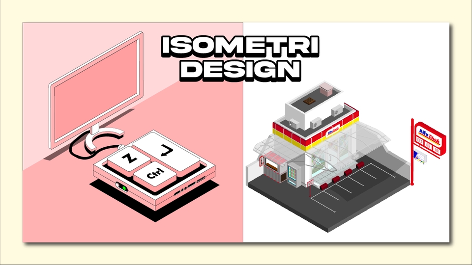 Ilustrasi isometri desain keyboard dan bangunan toko, contoh jasa ilustrasi digital untuk desain grafis