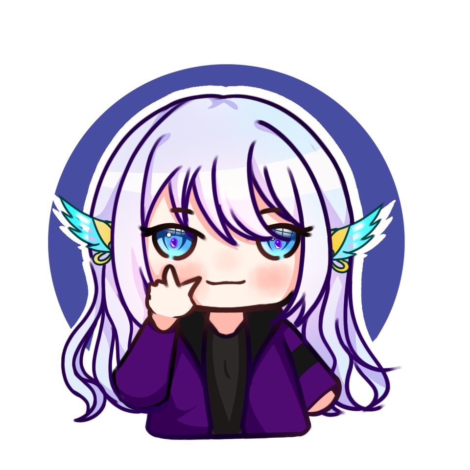 Ilustrasi anime wanita berambut putih dengan sayap dan mengenakan pakaian ungu, jasa ilustrasi digital.