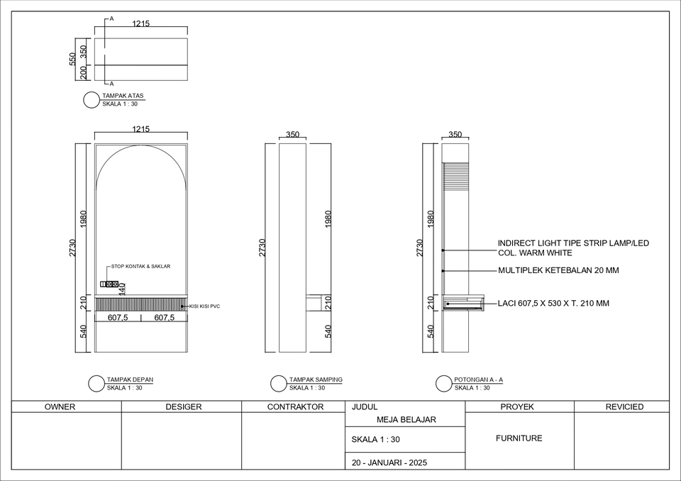 Jasa drafter autocad murah untuk desain meja belajar dengan detail dan skala 1:30.