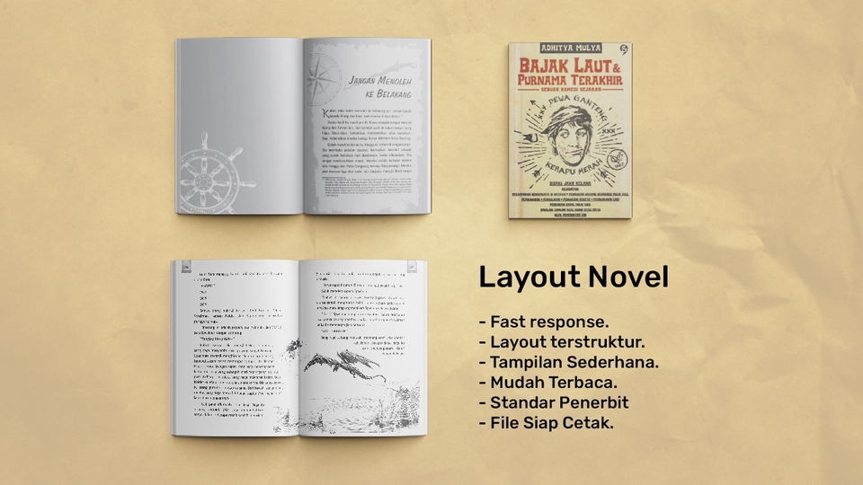 Contoh desain layout novel dengan desain sampul dan ilustrasi menarik.