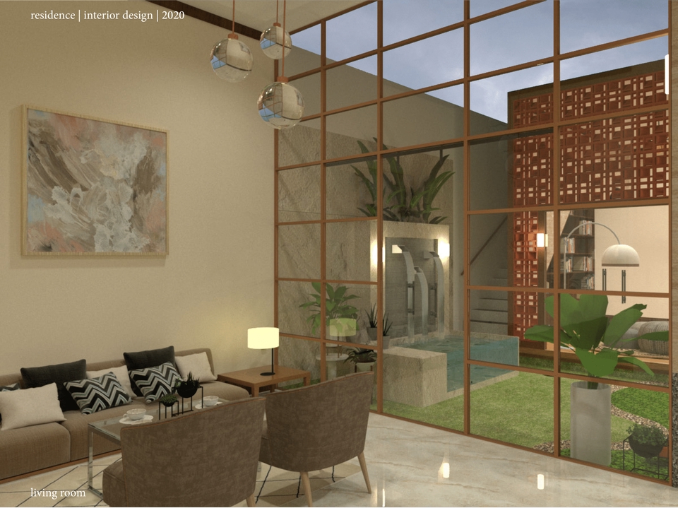 Jasa drafter interior rumah modern dengan desain minimalis dan ruang tamu yang nyaman.