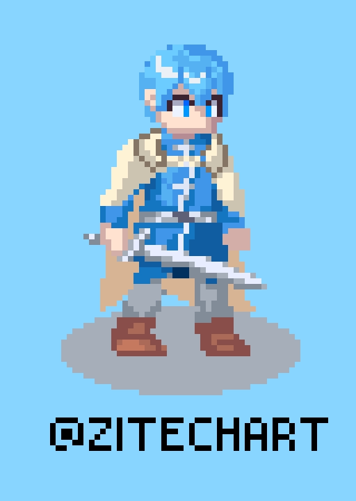 Ilustrasi karakter kartun pria dengan rambut biru memegang pedang, cocok untuk desain karakter game atau animasi.