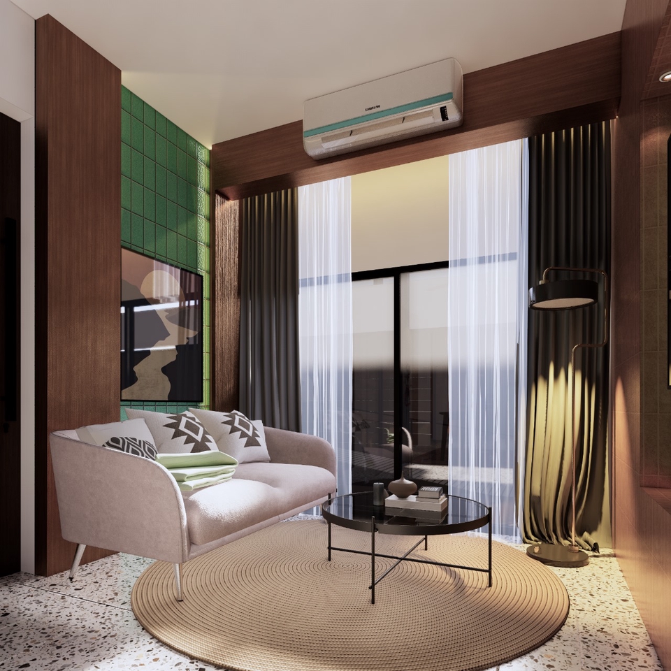 Jasa desain interior ruang tamu dengan sofa berwarna krem dan meja kopi kayu, desain interior modern minimalis, jasa desain interior ruang tamu, desain interior rumah minimalis, desain ruang tamu sederhana, desain rumah minimalis modern, desain interior ruangan, desain interior rumah.