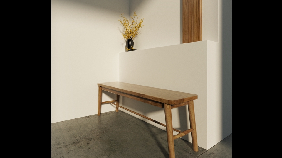 Desain meja kayu minimalis dengan kaki berbentuk persegi dan desain simple cocok untuk ruangan sempit