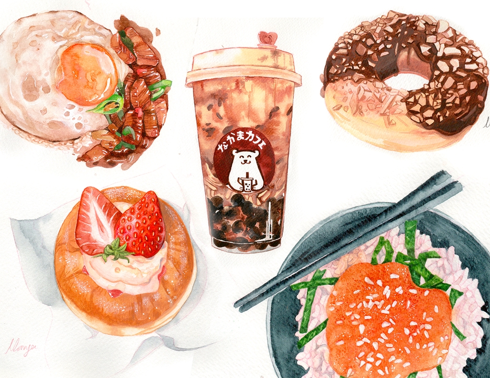 วาดภาพประกอบ - รับวาดภาพประกอบ สีน้ำ อาหาร 2 ชิ้น 600 บาท - 6