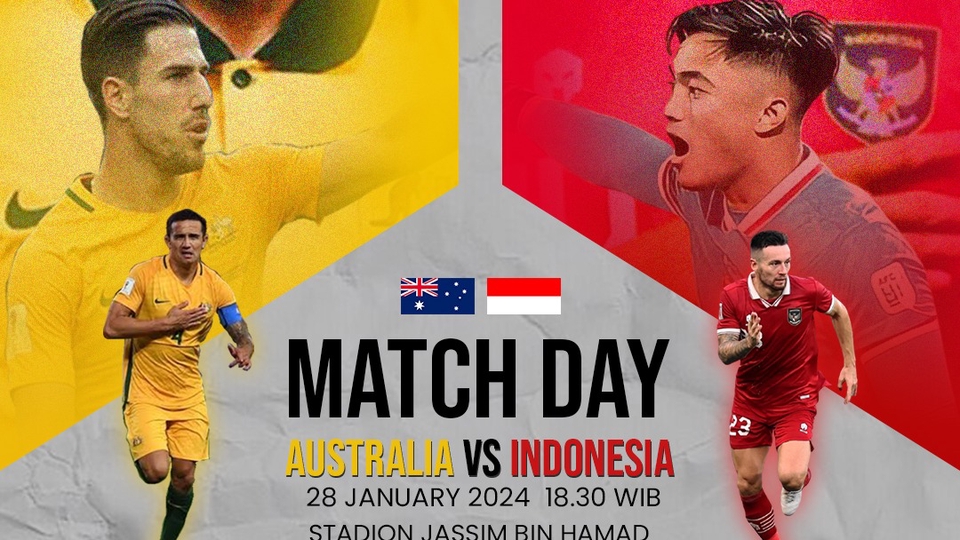 Desain spanduk pertandingan sepak bola Australia vs Indonesia, 28 Januari 2024, Stadion Jassim Bin Hamad.
