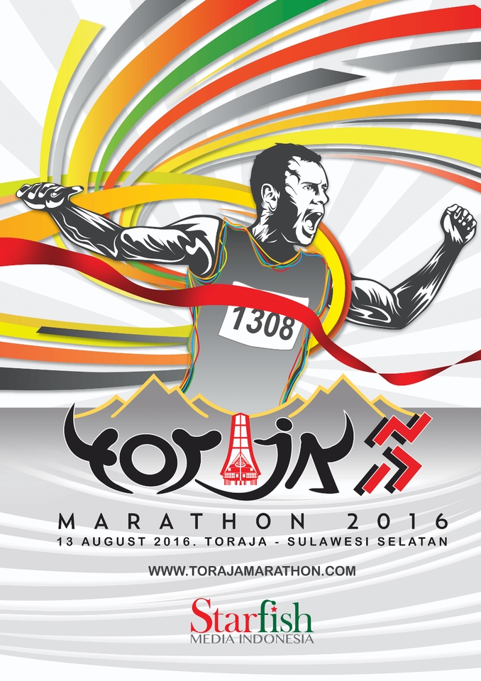 Desain logo maraton di Toraja Sulawesi Selatan dengan logo "Toraja" di bagian bawah dan nomor 1308 di atas kepala pelari.