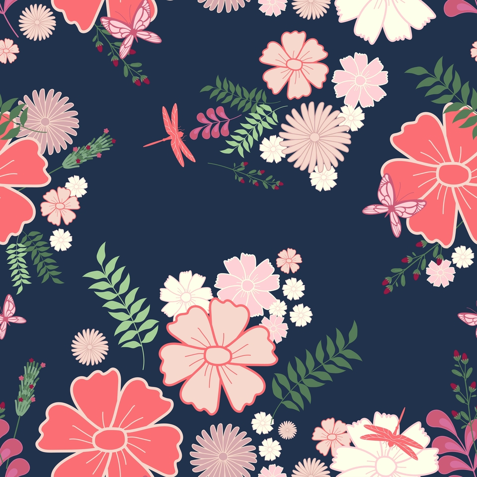 รับออกแบบเสื้อผ้าแฟชั่น ลายดอกไม้สีชมพู บนพื้นหลังสีน้ำเงิน