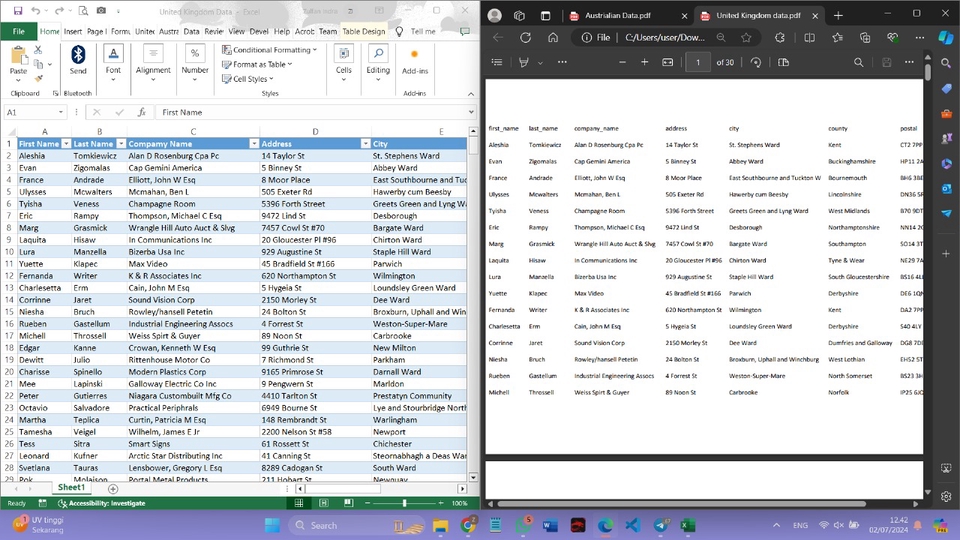 Jasa input data excel menampilkan data spreadsheet dengan kolom nama, perusahaan, alamat, dan kota, cocok untuk freelancer yang ahli dalam entri data.