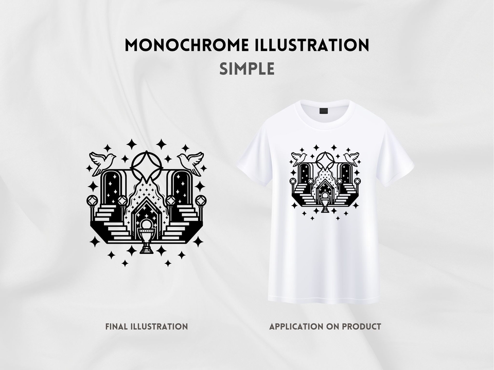 Desain kaos polos monochrome dengan motif rumah dan burung, desain kaos distro keren simple dan minimalis, desain kaos custom