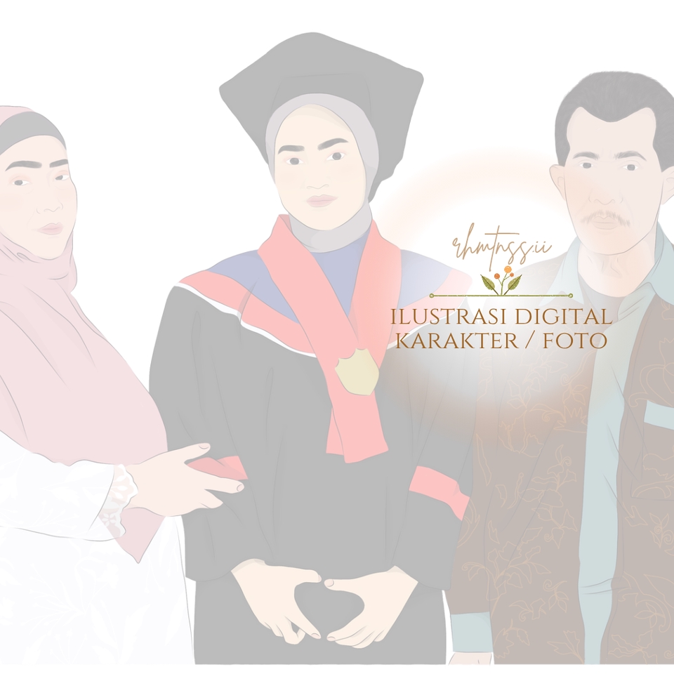 Jasa lukis wajah digital freelance, gambar karikatur wajah orang dan pria mengenakan baju toga, desain vektor karikatur karakter wanita berhijab