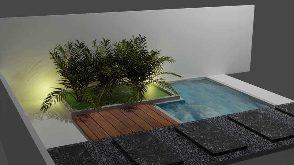 Jasa desain eksterior 3D untuk rumah minimalis dengan kolam renang dan taman.