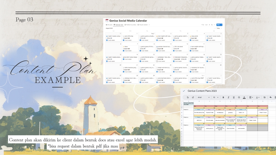 Contoh content plan untuk jasa caption instagram, jasa pembuatan caption, dan jasa tulis caption. Layanan freelance untuk membantu membuat caption menarik dan kreatif untuk akun Instagram Anda.