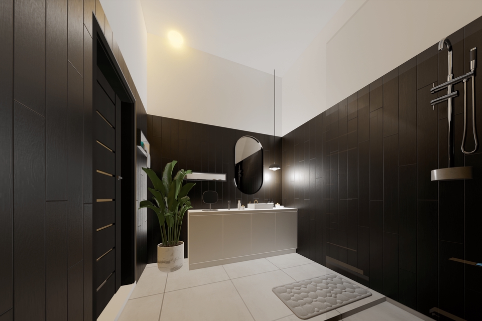 Desain lemari pakaian minimalis dengan pintu geser dan rak terbuka di dalam kamar mandi modern.