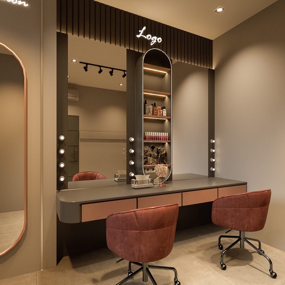 Desain Interior Toko Kecantikan Minimalis dengan Meja Rias dan Kursi Modern