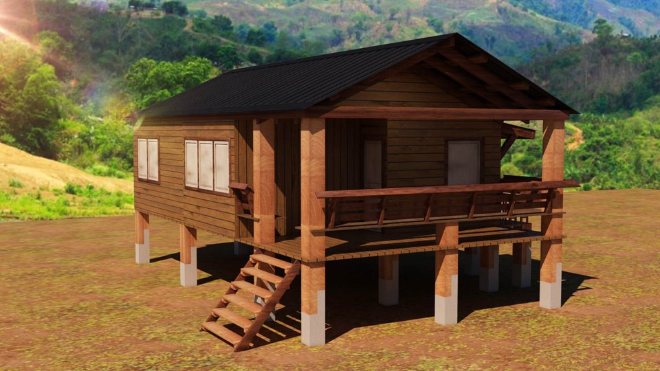 รับปั้นโมเดล 3D บ้านไม้ แบบเรียบง่าย สำหรับใช้ในงานออกแบบ หรือ นำไปตกแต่ง