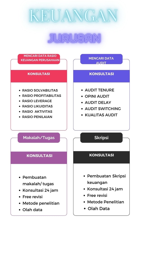 Jasa analisis data keuangan, konsultasi, dan pembuatan laporan keuangan. Layanan ini termasuk menganalisis data, membuat laporan, dan melakukan konsultasi keuangan.