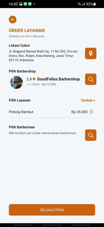 Jasa pembuatan aplikasi android pemesanan jasa cukur rambut, fitur lokasi dan pilihan barbershop.