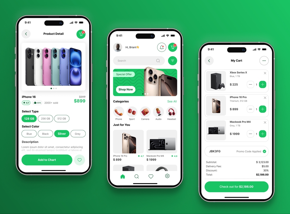 Desain UI UX Aplikasi Mobile - contoh mockup desain aplikasi toko online dengan warna hijau