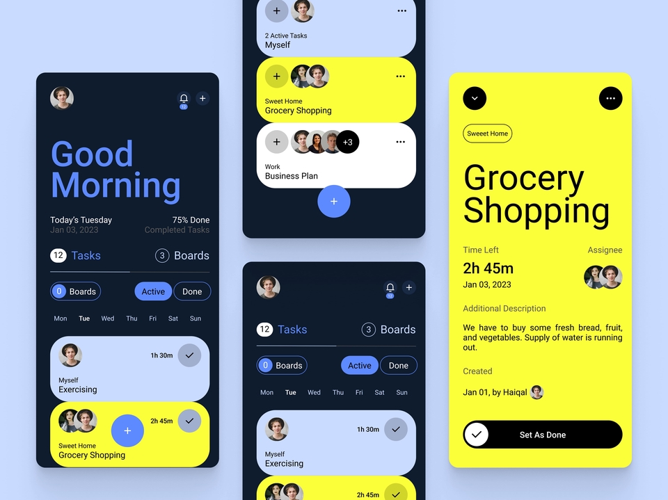 Desain aplikasi mobile dengan antarmuka UI UX untuk manajemen tugas dan rencana harian dengan tema kuning dan biru.