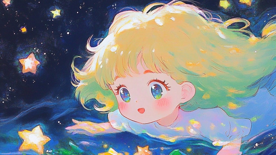 รับทำวอลเปเปอร์โทรศัพท์ภาพวาดเด็กหญิงผมบลอนด์น่ารักท่ามกลางดวงดาว