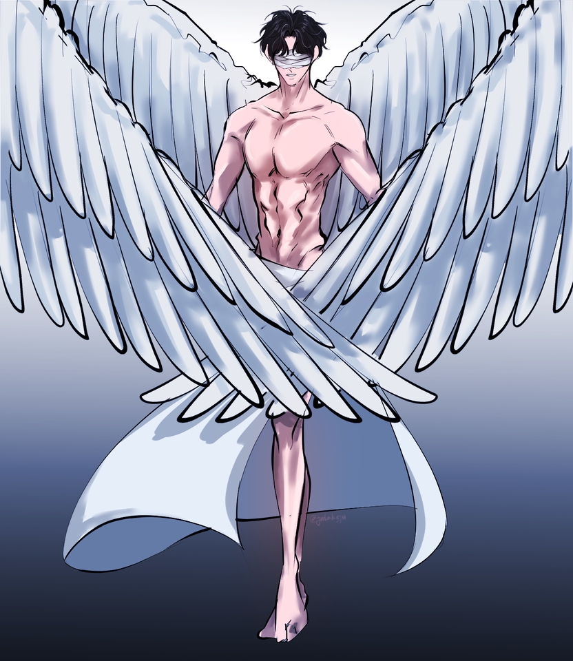 Ilustrasi seorang pria berambut hitam dengan sayap malaikat putih sedang berjalan