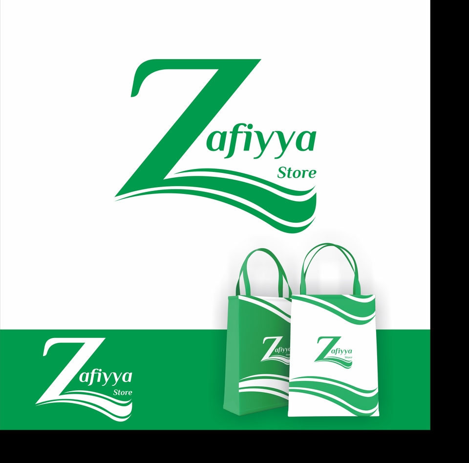 Desain logo "Zaf iya Store" dengan logo huruf "Z" yang bergaya modern dan warna hijau.